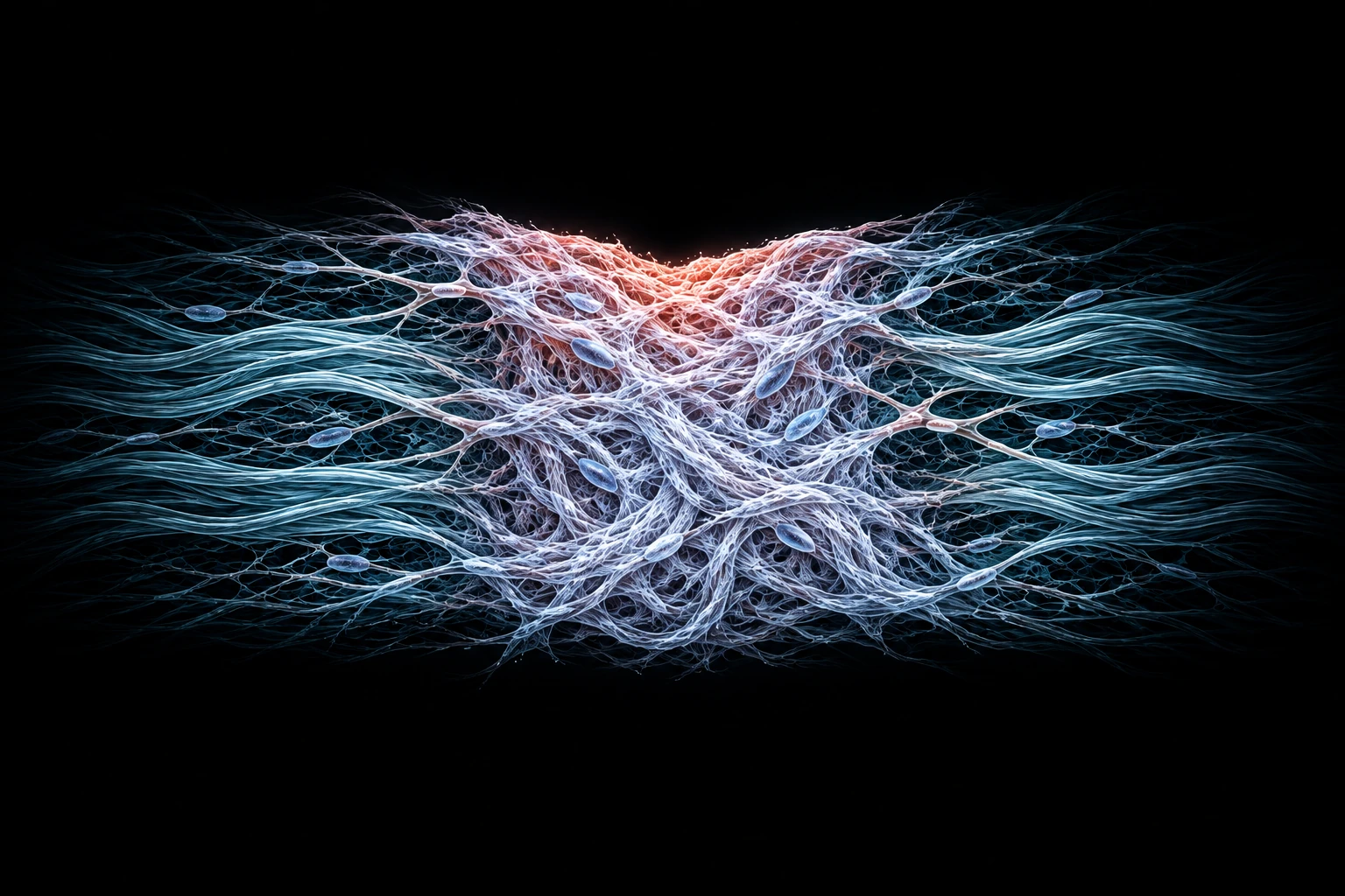 Conceptual illustration of a dense network of scar-forming tissue fibers.